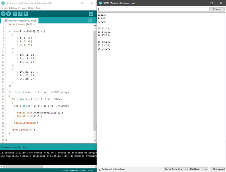 3dArray filled with nested loops, displayed by array in the serial monitor