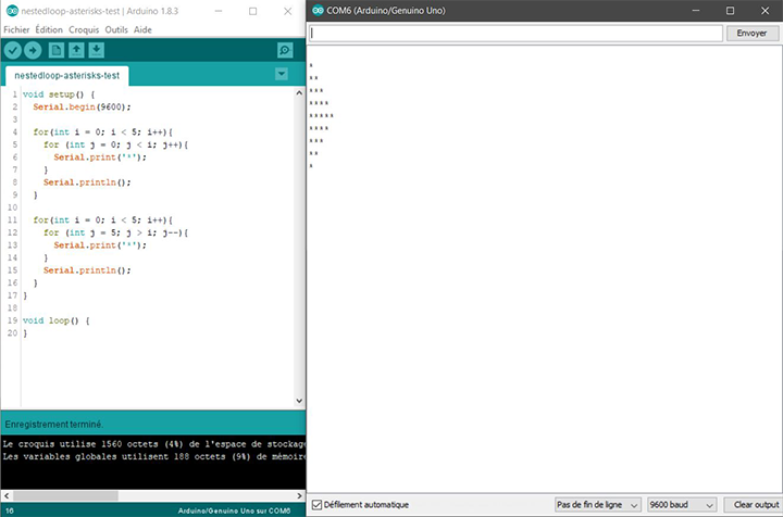 asterisks pattern displayed in serial monitor with nested loop